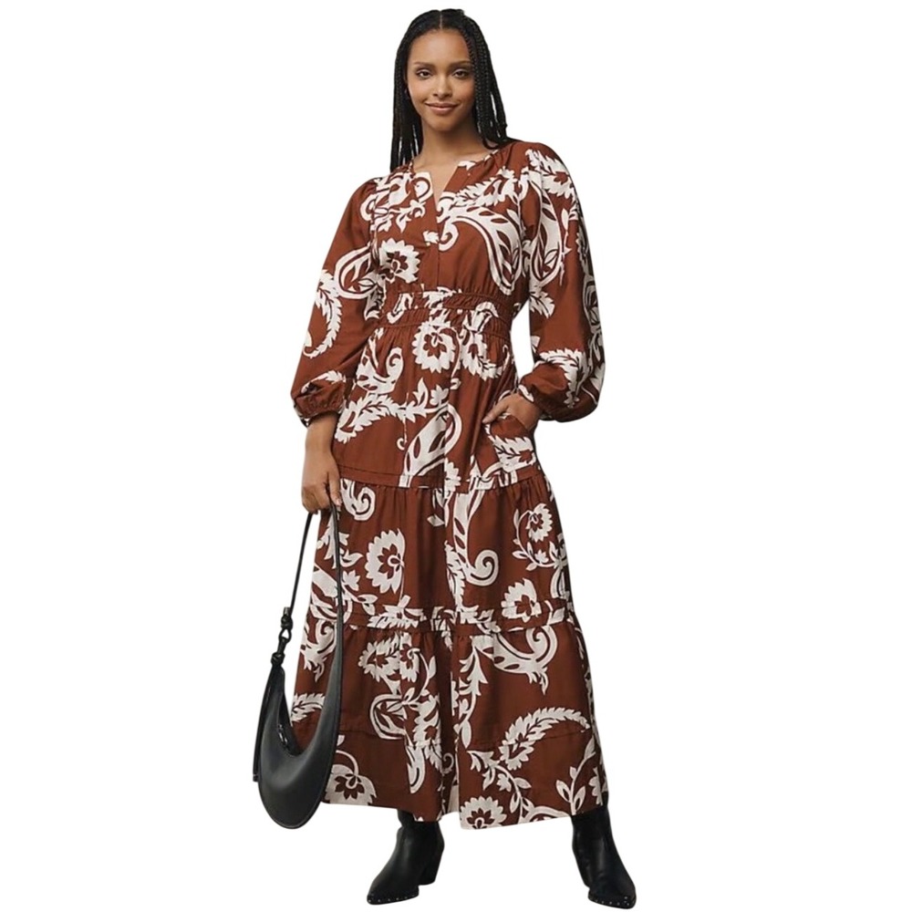 Anthropologie Somerset Long Slv Maxi Dress Brown Floral Smocked Tiered Cotton 1X